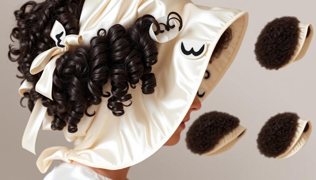 bonnet en satin cheveux bouclés