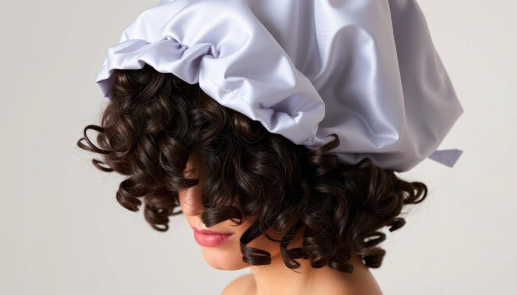 bonnet satin cheveux bouclés